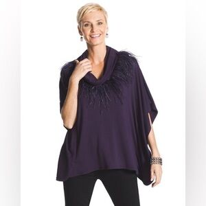Chicos purple feather trim cowl neck fancy feathers poncho sz L/XL